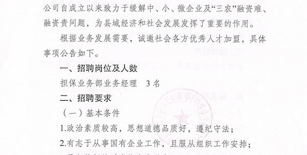 泸县农业和中小企业融资担保有限公司2025年第一次公开招聘公告