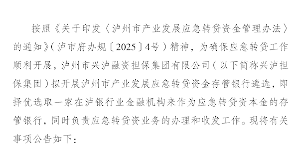 泸州市兴泸融资担保集团有限公司关于遴选泸州市产业发展应急转贷资金存管银行的公告